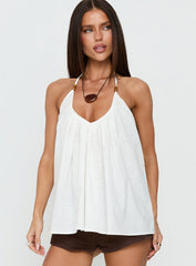 Kitra Flowy Bead Detail Tie Neck Top White